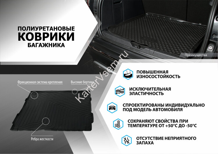 Коврик в багажник автомобиля Rival для Kia Sorento IV поколение (7 мест, сложенный 3 ряд) 2020-н.в., полиуретан, 12804007