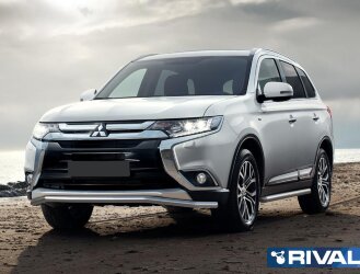 Защита переднего бампера d42 волна длинная + комплект крепежа, RIVAL, Mitsubishi Outlander 2015-