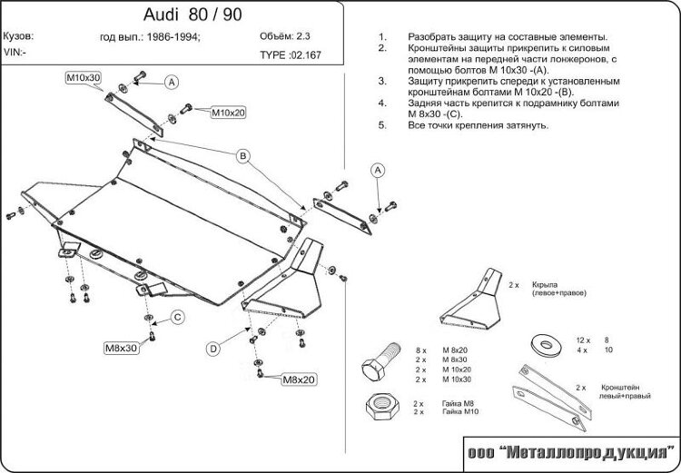 Защита картера Audi 90 двигатель 2,8  (1986-1994)  арт: 02.0167