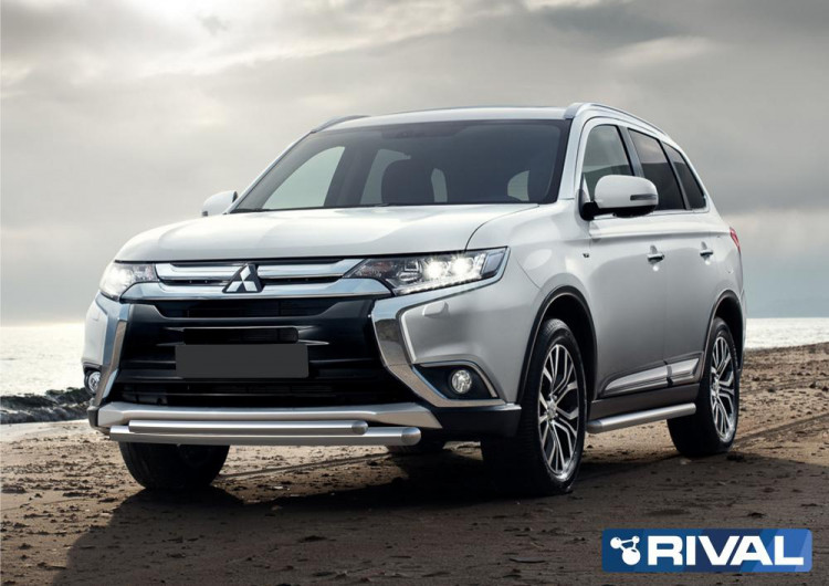 Защита переднего бампера d57+d42 + комплект крепежа, RIVAL, Mitsubishi Outlander 2015-
