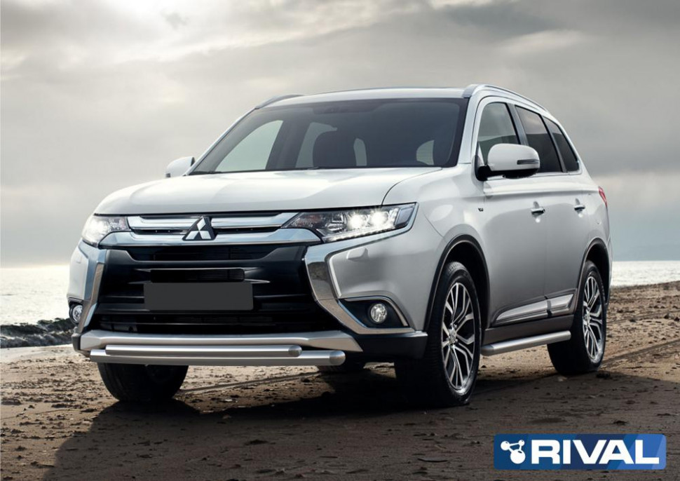 Защита переднего бампера d57+d42 + комплект крепежа, RIVAL, Mitsubishi Outlander 2015-