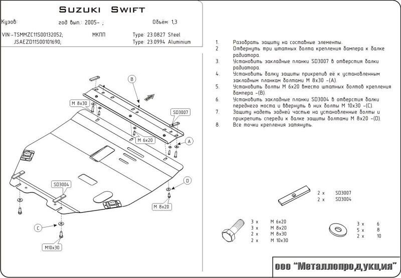 Защита картера и КПП Suzuki Swift двигатель 1,3; 1,5; 1,6; 1,3D  (2005-2008)  арт: 23.0994