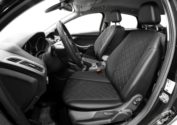 Авточехлы Rival Ромб (зад. спинка 40/60) для сидений Ford Focus III седан, хэтчбек, универсал (Titanium, Trend Sport, Trend Plus) 2011-2019, эко-кожа, черные, SC.1802.2