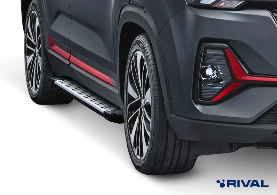 Пороги на автомобиль (подножки) "Bmw-Style круг" Rival для Changan CS35 Plus I поколение рестайлинг 2022-н.в., рынок РФ, 180 см, 2 шт., алюминий, D180AL.8905.1