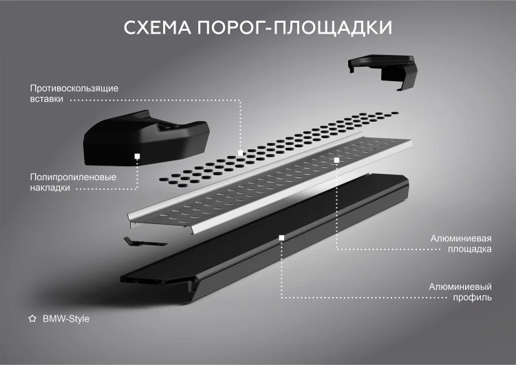 Пороги на автомобиль (подножки) "Bmw-Style круг" Rival для Changan CS35 Plus I поколение рестайлинг 2022-н.в., рынок РФ, 180 см, 2 шт., алюминий, D180AL.8905.1