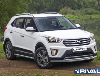 Защита переднего бампера d57+d42 + комплект крепежа, RIVAL, Hyundai Creta 2016-