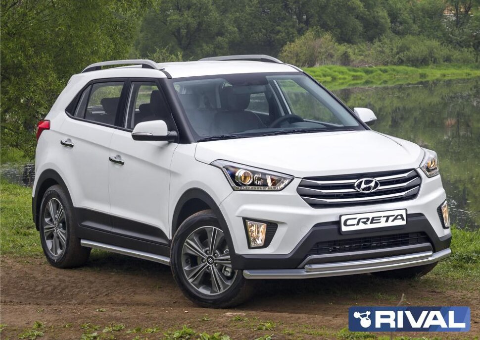 Защита переднего бампера d57+d42 + комплект крепежа, RIVAL, Hyundai Creta 2016-