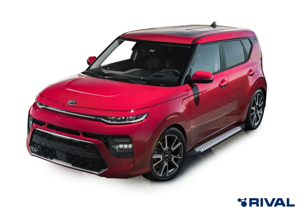 Пороги на автомобиль (подножки) "Bmw-Style круг" Rival для Kia Soul III 2019-н.в., 180 см, 2 шт., алюминий, D180AL.2805.1