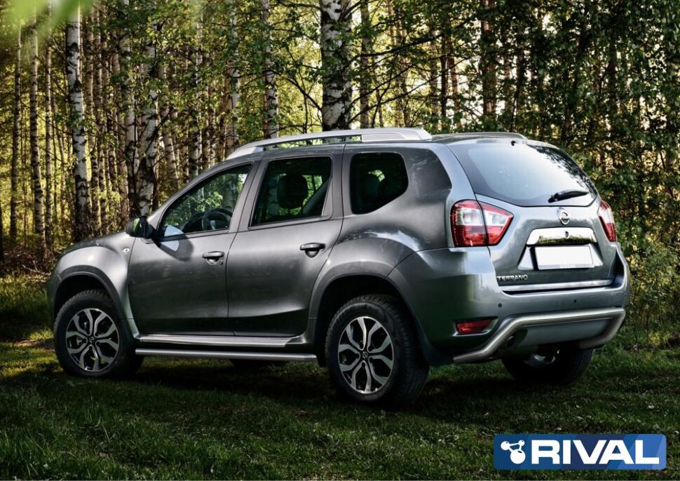 Защита заднего бампера d57 скоба + комплект крепежа, RIVAL, Nissan Terrano 2014-