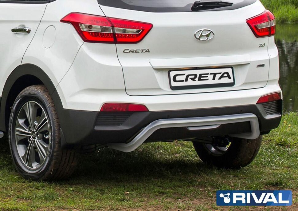 Защита заднего бампера d57 скоба + комплект крепежа, RIVAL, Hyundai Creta 2016-