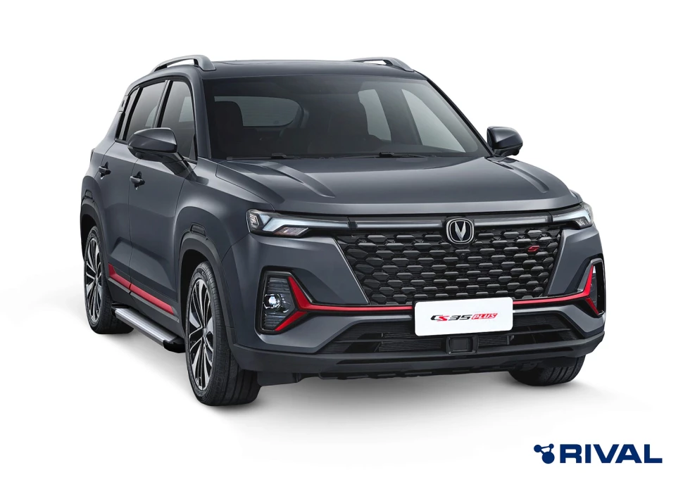 Пороги на автомобиль (подножки) "Silver" Rival для Changan CS35 Plus I поколение рестайлинг 2022-н.в., рынок РФ, 180 см, 2 шт., алюминий, F180AL.8905.1