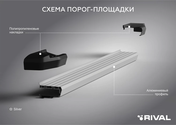 Пороги на автомобиль (подножки) "Silver" Rival для Changan CS35 Plus I поколение рестайлинг 2022-н.в., рынок РФ, 180 см, 2 шт., алюминий, F180AL.8905.1