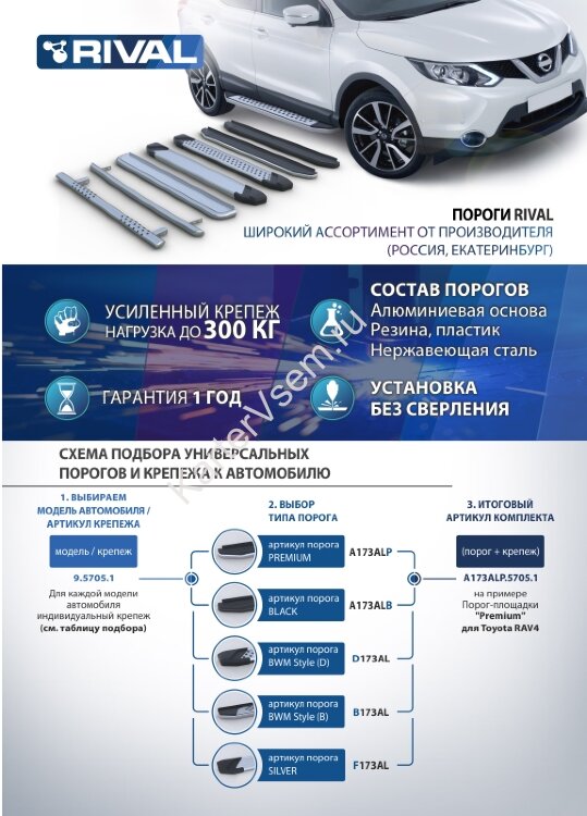 Пороги площадки (подножки) "Silver" Rival для Renault Kaptur 2016-2020, 173 см, 2 шт., алюминий, F173AL.4703.1