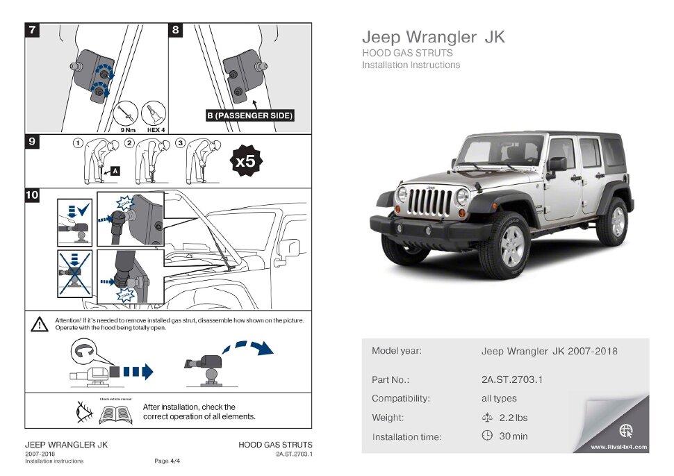 Газовые упоры капота Rival для Jeep Wrangler JK 2007-2018, 2 шт., 2A.ST.2703.1