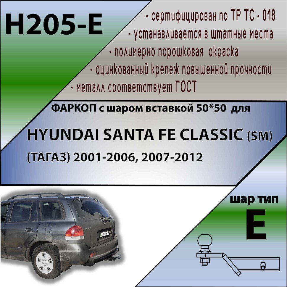 Фаркоп Hyundai Santa Fe шар вставка 50*50 (ТСУ) арт. H205-E