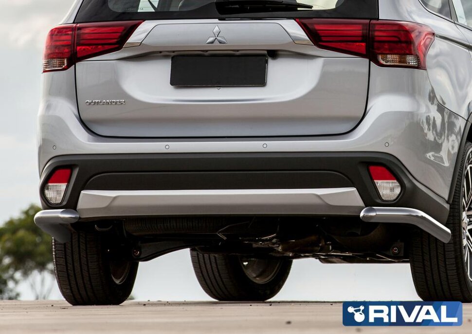 Защита заднего бампера d57 уголки + комплект крепежа, RIVAL, Mitsubishi Outlander 2015-
