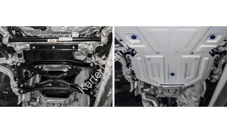 Защита КПП Rival для Volkswagen Touareg III (вкл. пакеты "Движение по бездорожью" и "Подвеска Pro") 2018-н.в. (устанавл-ся совместно с 333.5870.1), штампованная, алюминий 4 мм, с крепежом, 333.5871.1