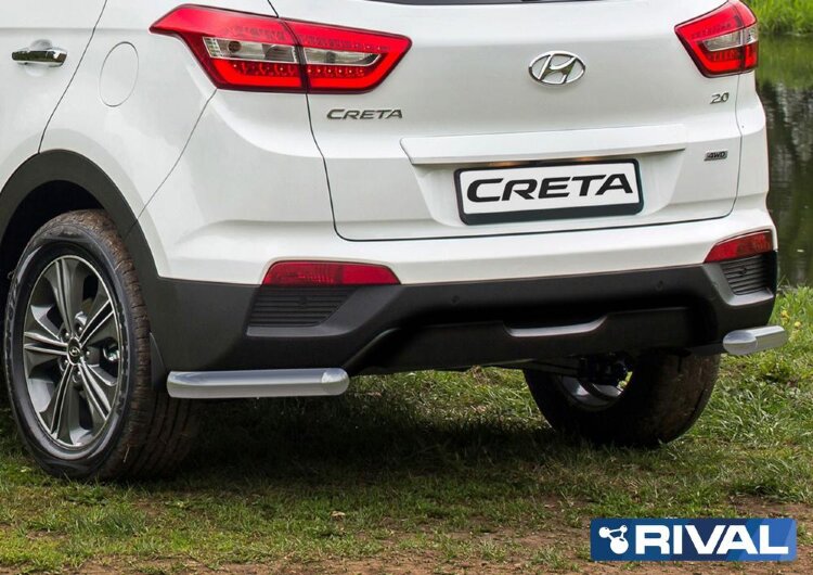 Защита заднего бампера d57 уголки + комплект крепежа, RIVAL, Hyundai Creta 2016-