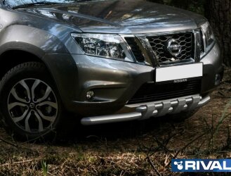 Защита переднего бампера d57+d42 с профильной защитой картера + комплект крепежа, RIVAL, Nissan Terrano 2014-