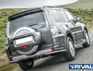 Защита заднего бампера d76+d42 уголки + комплект крепежа, RIVAL, Mitsubishi Pajero IV 2011-2014-