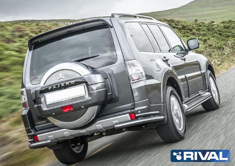 Защита заднего бампера d76+d42 уголки + комплект крепежа, RIVAL, Mitsubishi Pajero IV 2011-2014-