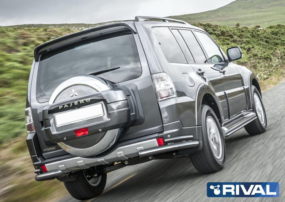 Защита заднего бампера d76+d42 уголки + комплект крепежа, RIVAL, Mitsubishi Pajero IV 2011-2014-