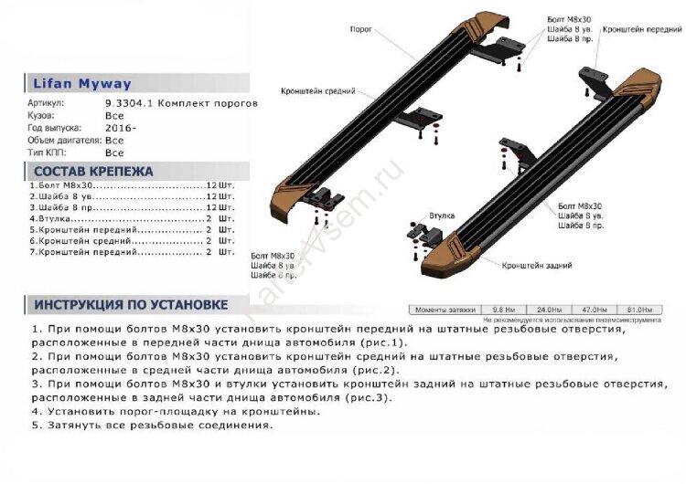Пороги площадки (подножки) "Premium-Black" Rival для Lifan Myway 2016-н.в., 180 см, 2 шт., алюминий, A180ALB.3304.1 курьером по Москве и МО