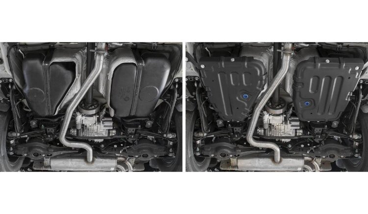 Защита топливного бака Rival для Skoda Kodiaq 4WD 2017-2021, сталь 1.5 мм, 2 части , с крепежом, штампованная, 111.5122.1