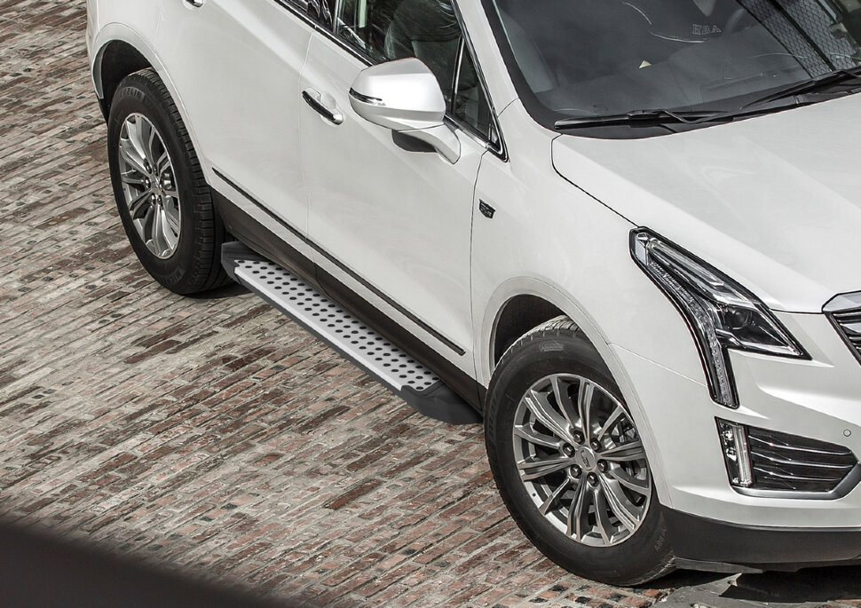 Пороги площадки (подножки) "Bmw-Style круг" Rival для Cadillac XT5 2016-2019 2019-н.в., 193 см, 2 шт., алюминий, D193AL.0801.1 с возможностью установки