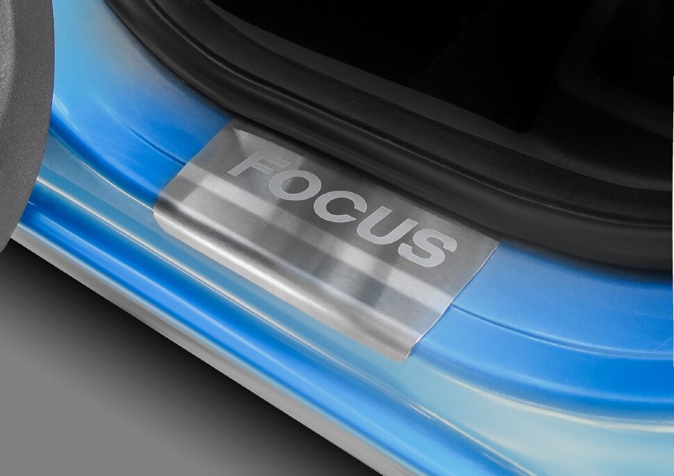 Накладки на пороги AutoMax для Ford Focus II поколение 2005-2008, нерж. сталь, с надписью, 4 шт., AMFOFOC01