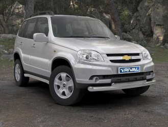 Защита переднего бампера d76+d57 + комплект крепежа, RIVAL, Chevrolet Niva 2009-