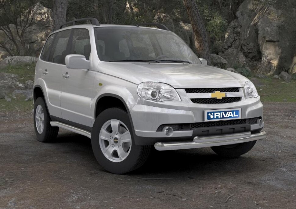 Защита переднего бампера d76+d57 + комплект крепежа, RIVAL, Chevrolet Niva 2009-