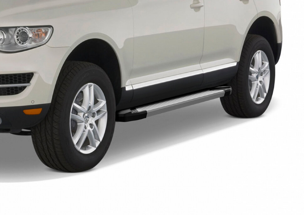 Пороги площадки (подножки) "Silver" Rival для Volkswagen Touareg I (без пневмоподвески) 2002-2010, 193 см, 2 шт., алюминий, F193AL.5809.1 с доставкой по всей России