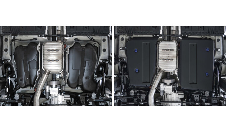 Защита топливного бака Rival для Volkswagen Taos 4WD 2021-н.в., сталь 1.8 мм, 2 части , с крепежом, штампованная, 111.5123.1