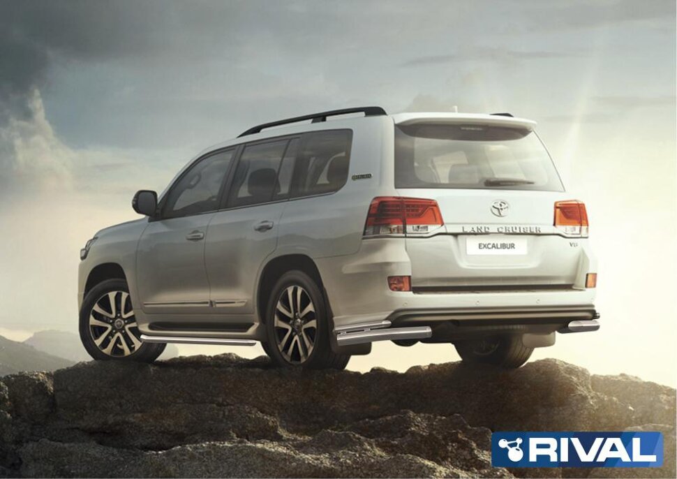 Защита заднего бампера d76+d42 Уголки + комплект крепежа, RIVAL, Toyota LC200 Excalibur 2017-