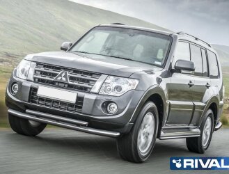 Защита переднего бампера d76+d57 + комплект крепежа, RIVAL, Mitsubishi Pajero IV 2011-2014-