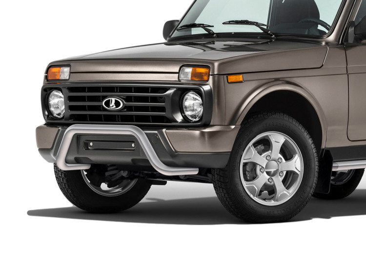 Защита переднего бампера d57 скоба Rival для ВАЗ 2121 (4x4) 3-дв. (Urban) 2014-2019 2019-н.в., нерж. сталь, R.6004.001