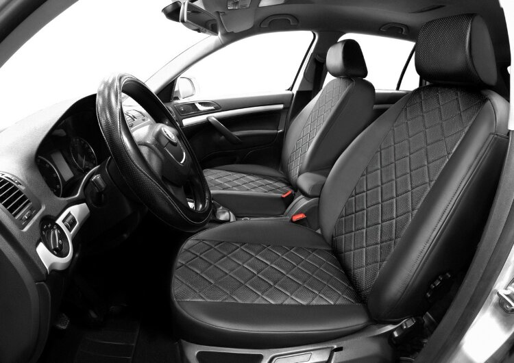 Авточехлы Rival Ромб (зад. спинка 40/60) для сидений Skoda Octavia A5 универсал, лифтбек 2004-2013, эко-кожа, черные, SC.5102.2