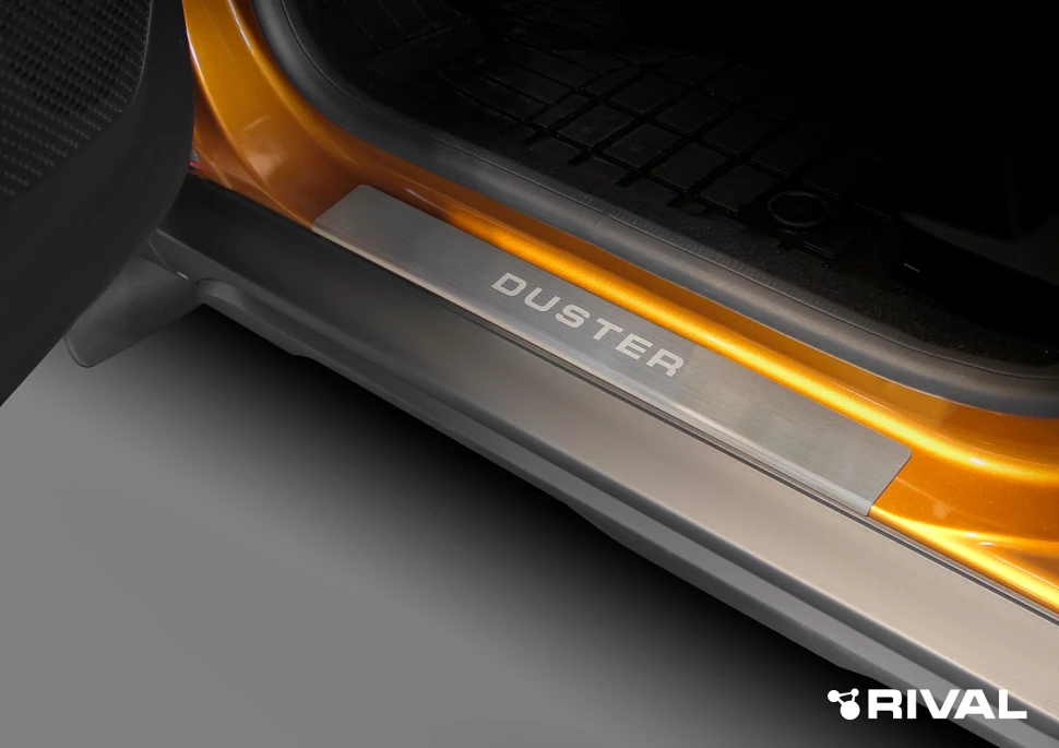 Накладки на пороги Rival для Renault Duster II 2021-н.в., нерж. сталь, с надписью, 4 шт., NP.4706.3
