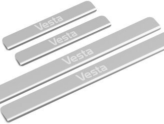 Накладки на пороги AutoMax для Lada Vesta Cross универсал 2017-н.в., нерж. сталь, с надписью, 4 шт., AMLAVES01