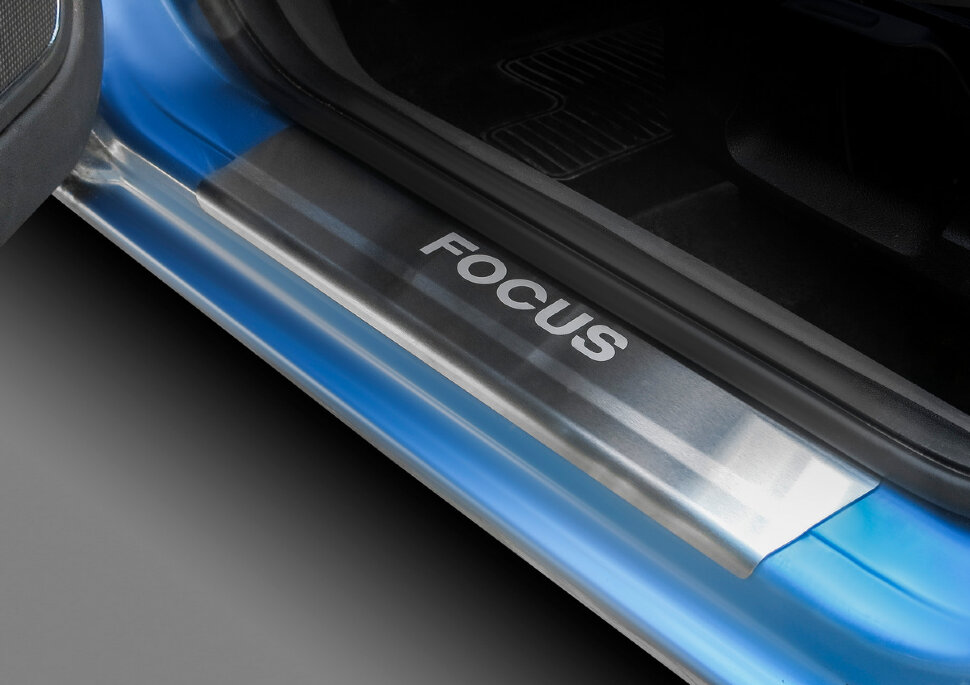 Накладки на пороги Rival для Ford Focus II 2005-2011, нерж. сталь, с надписью, 4 шт., NP.1810.3 с доставкой по всей России
