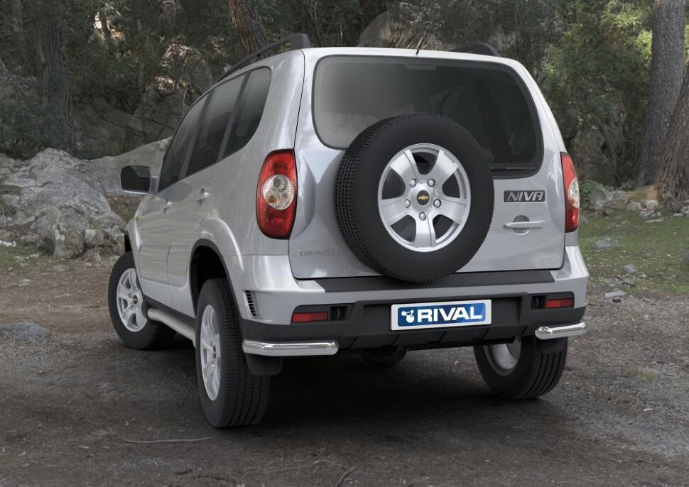 Защита заднего бампера d57 уголки + комплект крепежа, RIVAL, Chevrolet Niva 2009-