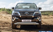 Защита переднего бампера d76+d57 + комплект крепежа, Rival, Toyota Fortuner 2017-