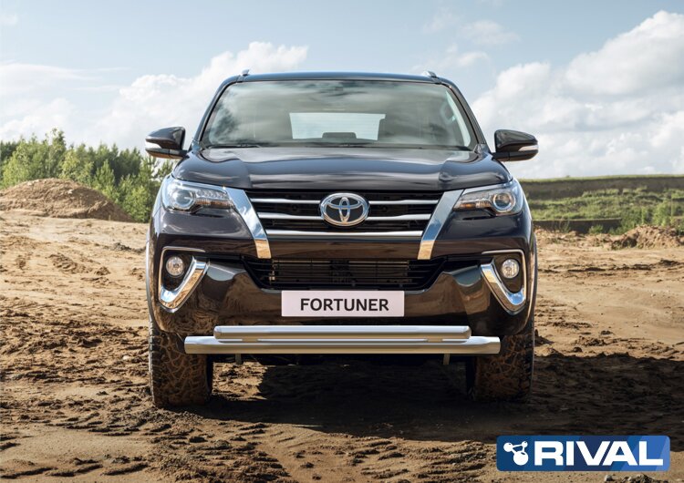 Защита переднего бампера d76+d57 + комплект крепежа, Rival, Toyota Fortuner 2017-