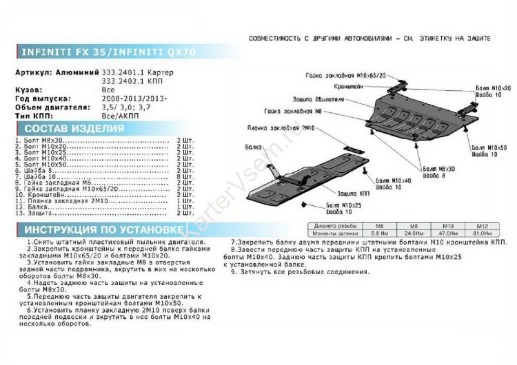Защита КПП Rival для Infiniti FX 35 II 2008-2011, штампованная, алюминий 3 мм, с крепежом, 333.2402.1