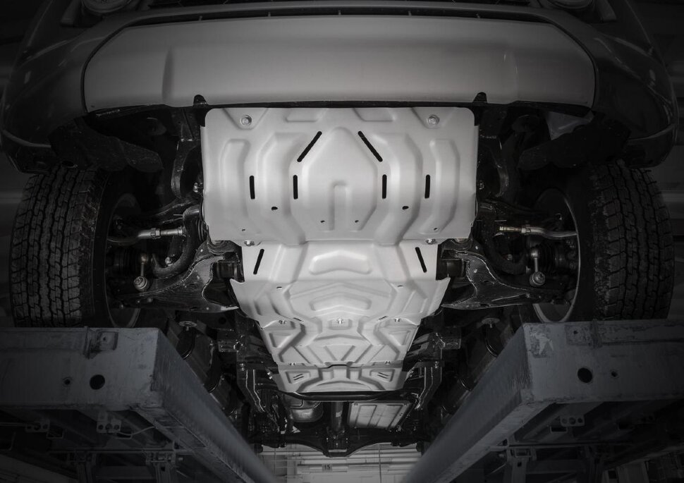 Защита радиатора, картера, КПП и РК Rival (усиленная, серая) для Mitsubishi L200 V 2015-2019 2018-н.в., алюминий 4 мм/сталь 3 мм, 4 части, с крепежом, штампованная, K222.4052.1