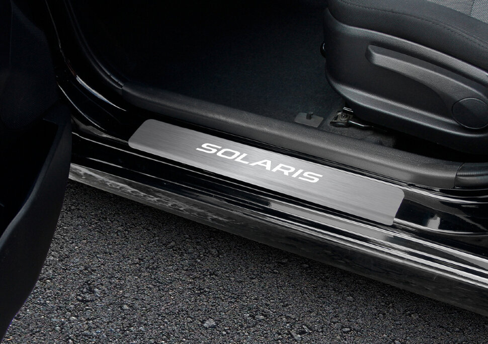 Накладки на пороги Rival для Hyundai Solaris II 2017-2020 2020-н.в., нерж. сталь, с надписью, 4 шт., NP.2312.3 с доставкой по всей России