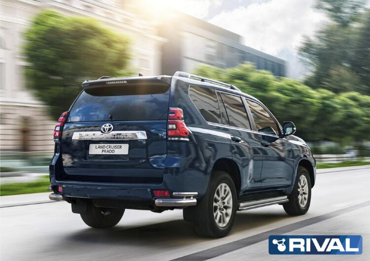 Защита заднего бампера d76+d42 Уголки + комплект крепежа, RIVAL, Toyota Land Cruiser 150 Prado 2017-