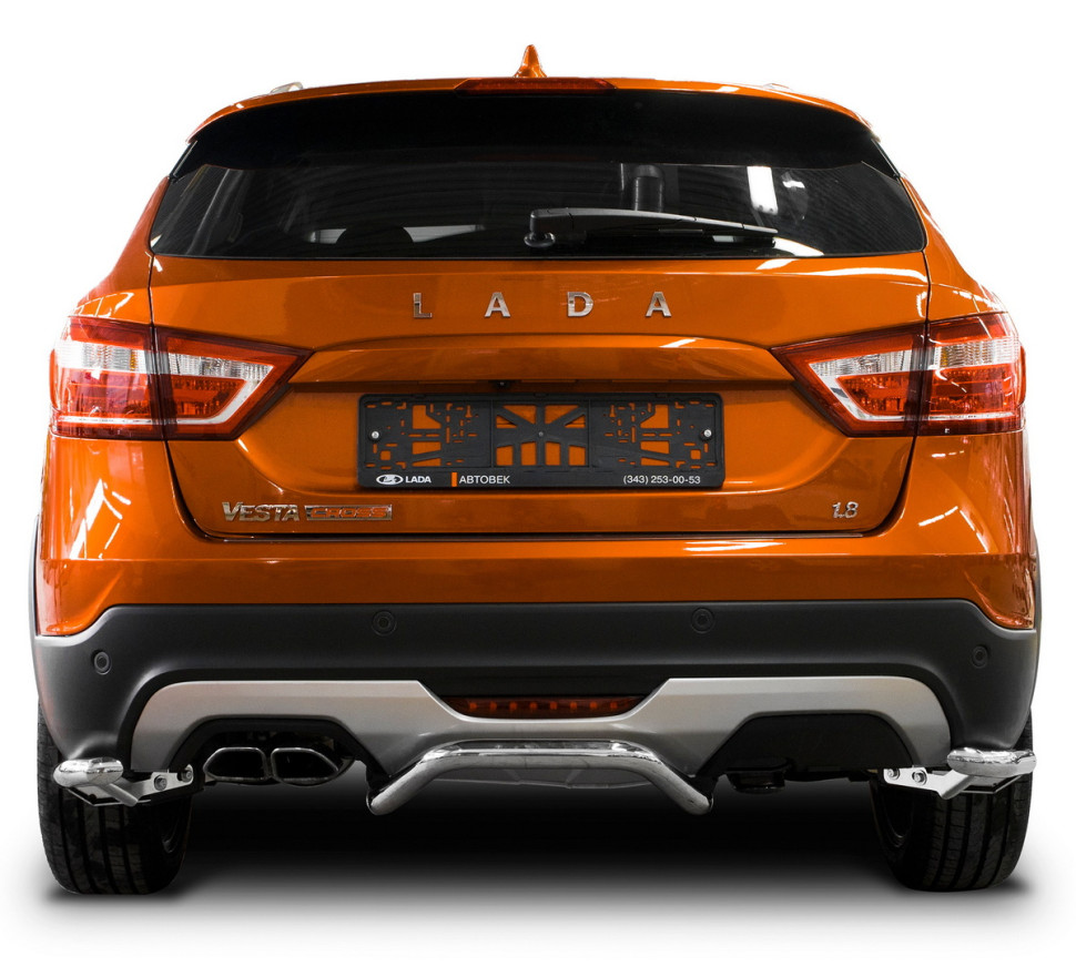 Защита заднего бампера d42 уголки Rival для Lada Vesta Cross универсал 2017-н.в., нерж. сталь, 2 части, R.6007.007
