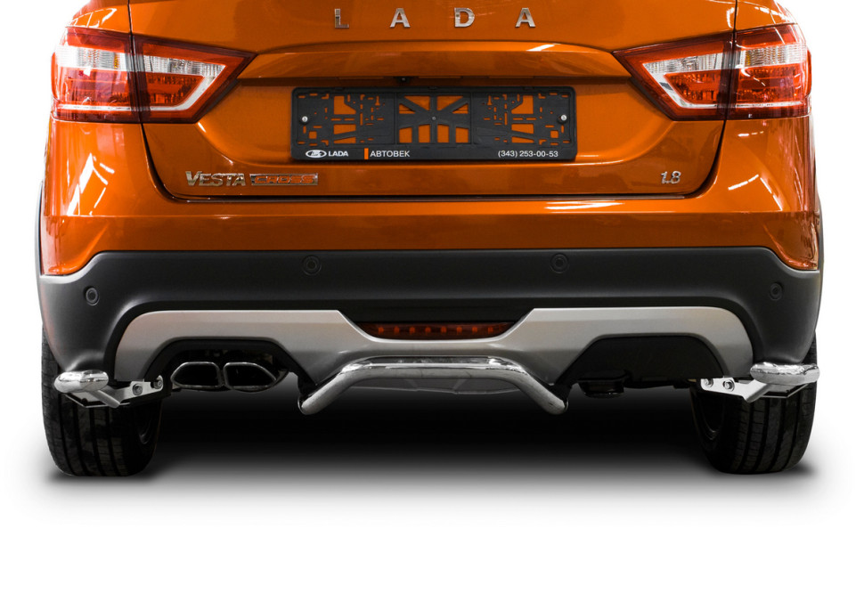 Защита заднего бампера d42 уголки Rival для Lada Vesta Cross универсал 2017-н.в., нерж. сталь, 2 части, R.6007.007